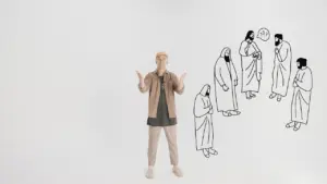 Person gesturing with hands beside sketched figures, creating a juxtaposition of modern and traditional elements.