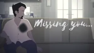 A contemplative man sitting on a couch, expressing feelings of longing, with the text "Missing you..." prominently displayed.