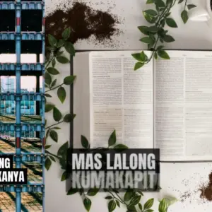 Open book surrounded by green leaves and coffee grounds, with industrial buildings in the background. Engaging visual composition.