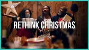 Three joyful individuals celebrating Christmas with wrapped gifts and festive decor against a rustic wooden background.