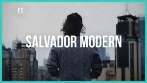 Person overlooking a city skyline with text highlighting "Salvador Modern" in a contemporary design.