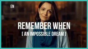 Woman with a thoughtful expression wearing a blue scarf, set against a softly lit backdrop, promoting "Remember When."