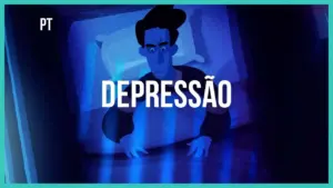 Animated image of a person in bed, conveying feelings of depression with blue tones and bold text reading "DEPRESSÃO."