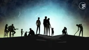 Silhouettes of diverse people and families against a starry sky, engaged in various activities, symbolizing unity and community.