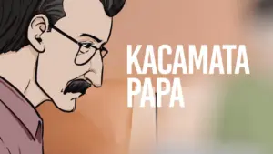 Illustration of a man with glasses and a mustache, featuring the text "Kacamata Papa" prominently in the background.