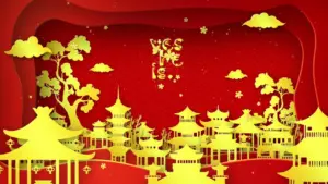 Red background with golden pagodas, trees, and clouds depicting a vibrant Asian landscape for festive celebrations.