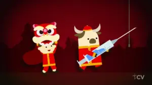 Colorful animated characters in festive attire, featuring a lion and a bull, celebrating with props on a vibrant red background.