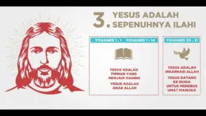 Illustration of Jesus with text highlighting His divinity and scriptural references in Indonesian.