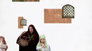 Woman in traditional attire with a basket stands beside a child, set against a backdrop of simple architectural elements.