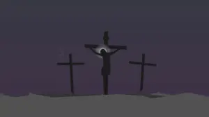 Three crosses silhouetted against a dark sky, with a central figure on the largest cross, symbolizing sacrifice and faith.