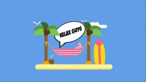 Colorful tropical scene with a hammock, palm trees, surfboards, and a speech bubble saying "RELAX GUYS." Perfect for beach vibes.