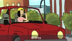 Animated character driving a red convertible car while talking on the phone, with a colorful urban background.