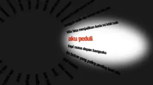 Creative graphic featuring the phrase "aku peduli" highlighted among various surrounding words, symbolizing awareness and care.