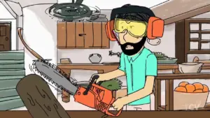 Animated character wearing safety gear uses a chainsaw on a wooden log in a vibrant kitchen setting.