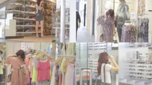 A woman shopping in a vibrant clothing store, browsing outfits and accessories in various sections. Bright, stylish displays.