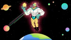 A muscular superhero levitates above Earth, shooting rays from his hand with colorful planets in the cosmic background.