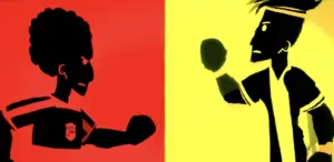 Silhouettes of two athletes in dynamic poses, set against contrasting red and yellow backgrounds, symbolizing competition.