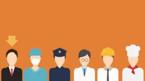 Diverse professionals lined up against an orange background, including a doctor, police officer, chef, and construction worker.