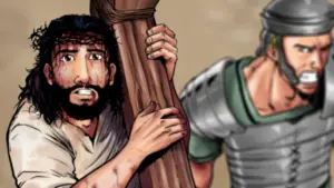 Illustration of Jesus carrying the cross, with a Roman soldier in armor, highlighting themes of sacrifice and historical context.