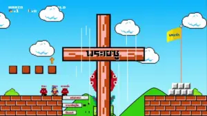 Colorful retro-style video game scene featuring characters navigating platforms and obstacles under a bright blue sky.