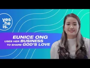 Eunice Ong smiling, promoting her business mission to share God's love with a vibrant blue and green background.