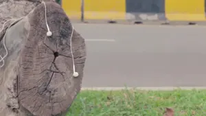 Wooden log with a crack on the surface, featuring white earbuds resting in a grassy area by a pavement.