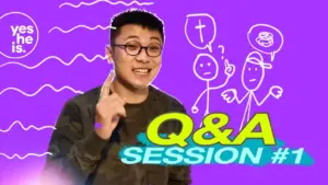 Smiling man gestures during a Q&A session on a vibrant purple background with playful doodles representing discussion.