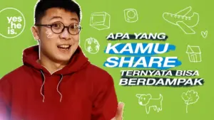 Young man in glasses wearing a red hoodie smiles on a green background, promoting the impact of sharing ideas.