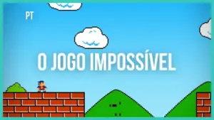 Colorful retro video game scene with a character jumping over bricks and hills under a blue sky with clouds.