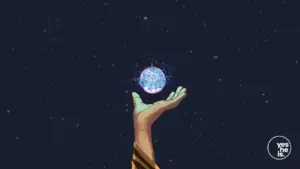 A hand reaching towards a glowing orb amidst a starry night sky, symbolizing hope and aspiration.