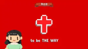 Pixel art character beside a red background with a cross and the text "to be THE WAY" in a vibrant design.