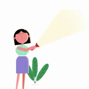 A cartoon woman holding a flashlight, highlighting her focused expression and surrounded by green plants.