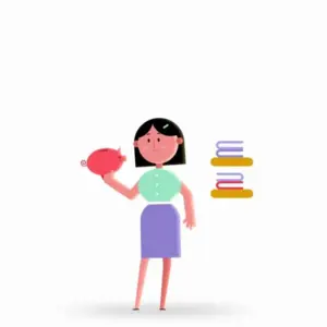 A cartoon woman holding a piggy bank with stacked books beside her, symbolizing saving and education.