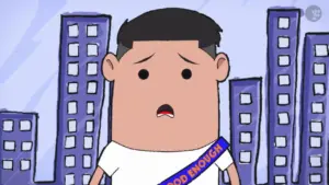 Cartoon character with a worried expression wearing a "Good Enough" sash, set against a city skyline backdrop.