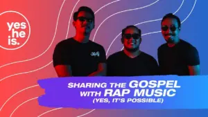 Three men in sunglasses promoting gospel rap music, with vibrant colorful background and text emphasizing the message.