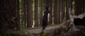 Person jogging on a winding trail through a serene forest with tall trees and dappled sunlight.