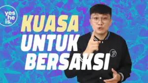 A young man gestures confidently, promoting empowerment with the words "Kuasa untuk Bersaksi" in vibrant colors.