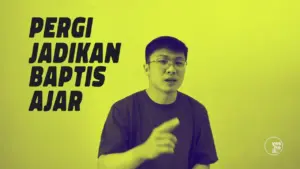 Person gesturing confidently against a bright yellow background with bold text in Indonesian about baptism and teaching.