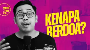 A man with glasses speaking passionately, featuring bold text "KENAPA BERDOA?" against a vibrant pink background.