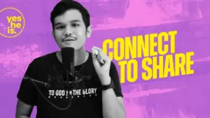 Young man speaking into a microphone with vibrant purple background, promoting the message "Connect to Share."