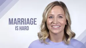 Smiling woman with blonde hair against a light background, promoting the message "Marriage is hard."