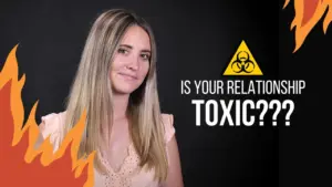 Woman with long hair assessing a toxic relationship, framed by fire graphics and a biohazard warning sign.