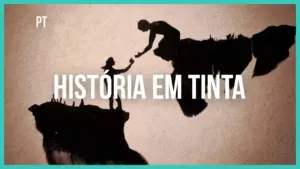 Silhouette of a figure painting another on a cliff, with the text "HISTÓRIA EM TINTA" in bold. Creative and artistic theme.