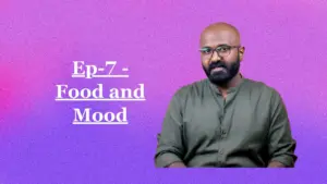 Man with glasses and a beard discussing food and mood on a colorful background, episode 7 of a series.