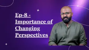 Person in a green kurta discusses the importance of changing perspectives on a purple background with stars.