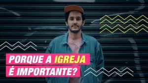 Man wearing a denim jacket and cap stands in front of a textured wall, with colorful graphics asking about church importance.