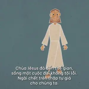 Illustration of Jesus with a message about his life and sacrifice, against a simple blue background.