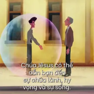 Two animated characters standing within a glowing bubble, with a vibrant urban background and text about healing and hope.