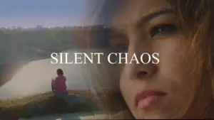 Portrait of a contemplative woman beside a serene landscape, highlighted by the title "Silent Chaos" overlaying the scene.