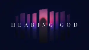 Stylish graphic of "Hearing God" with vibrant gradients and vertical bars creating a serene, reflective atmosphere.